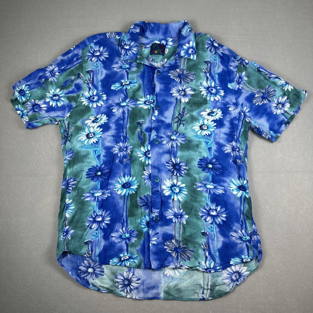 Jams World Blue Green Floral Hawaiian Shirt Size Medium